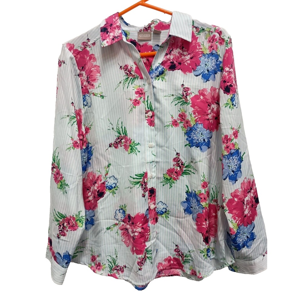 Chicos Cottagecore Top Womens Large White Pink Floral Button Front Long Sleeves